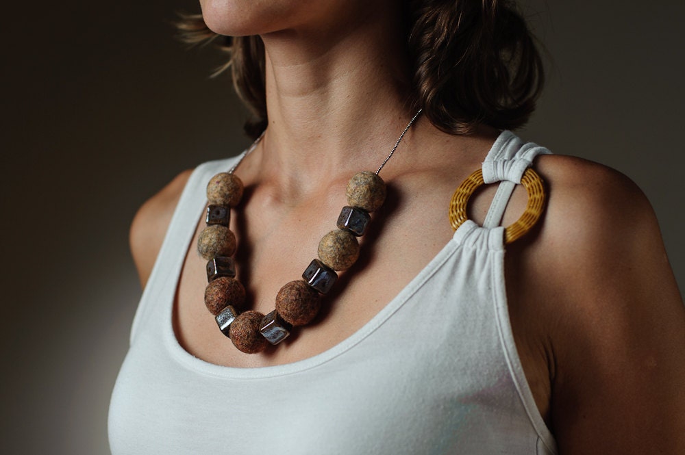 Felt Necklace Chunky Beaded Brown Necklace / Statement Necklace Autumn Jewelry