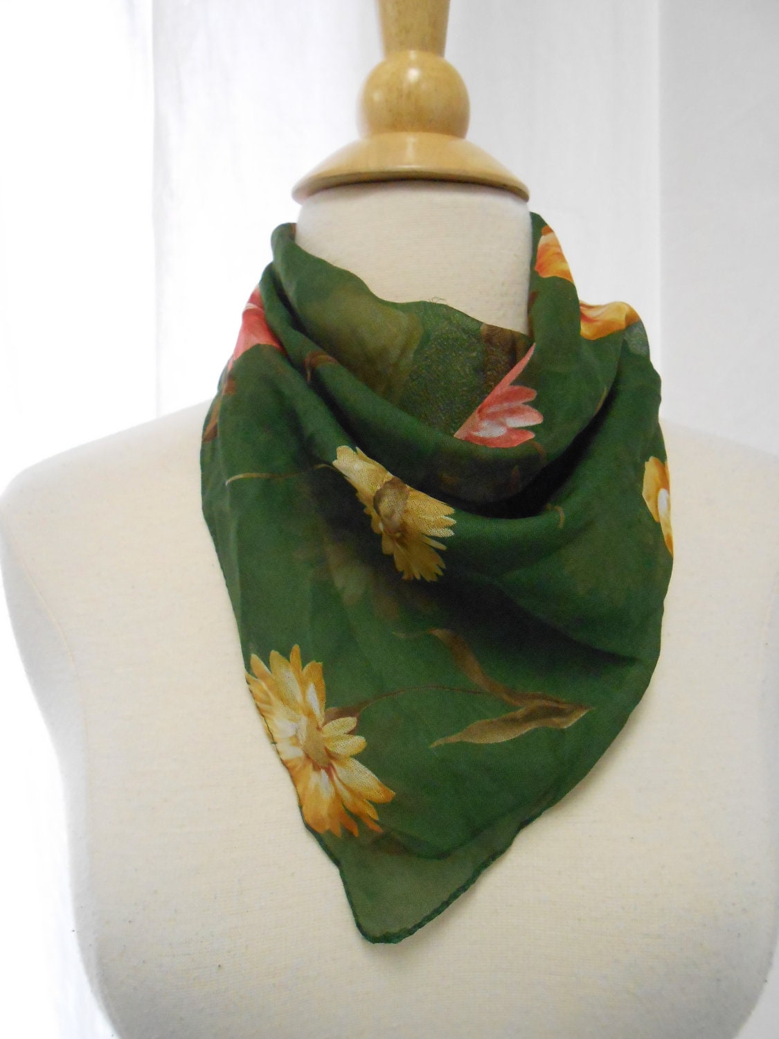 Forest Green Semi Sheer Chiffon Scarf with Pink & Yellow Floral Print / Sm Square Scarf 19 x 19"