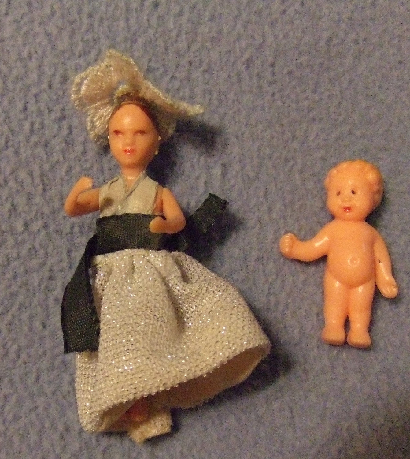 Dolls Vintage Lot of 2 Tiny Hard Plastic Woman and Child