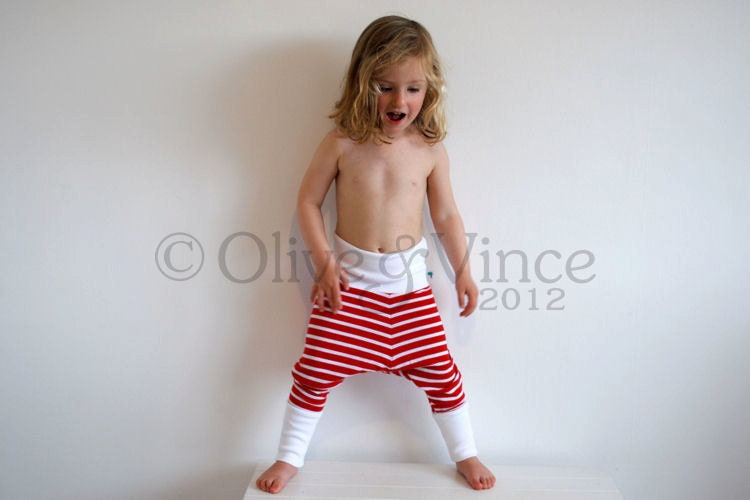 Red white nautical striped sailor toddler harem leggings cute funky unisex boys girls comfortable pirate pants bright colourful trousers