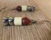 Rustic red earrings with brown and ivory beads
