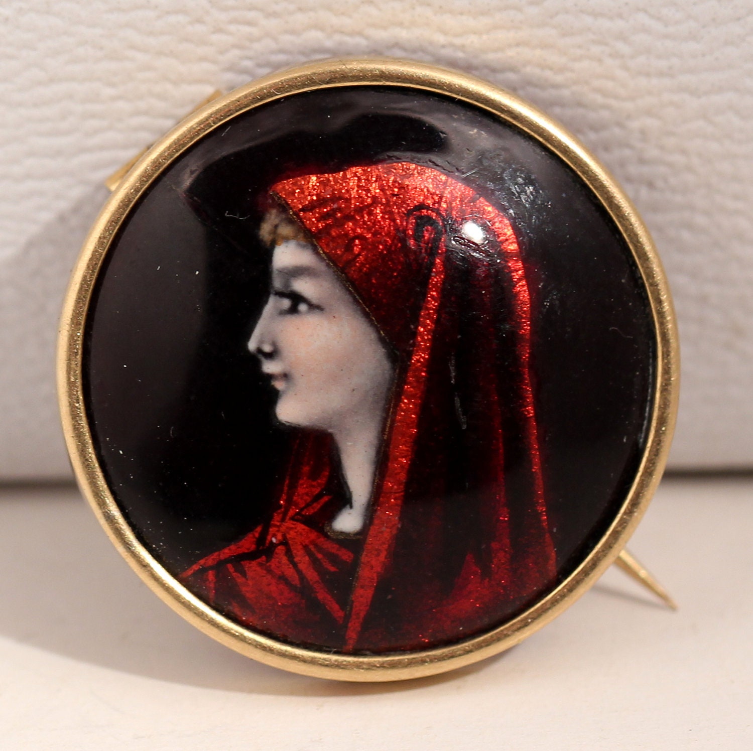 Antique Victorian 18k Yellow Gold French Brooch Limoges Enamel Small Signed  Thomieux Limoges