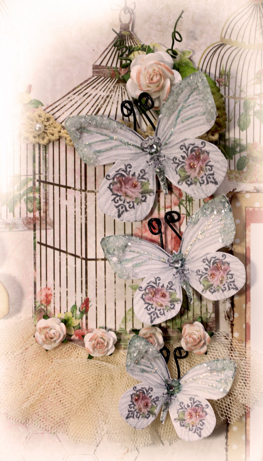 Butterfly English Tea Rose Glitter Glass Butterflies  Scrapbook Embellishment Tag Card Mini Album Wedding