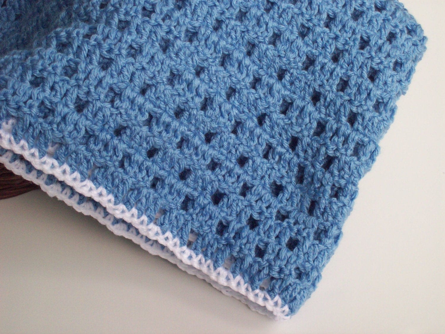 Crochet Blue Baby Blanket with White Trim by Misspamsliltreasures
