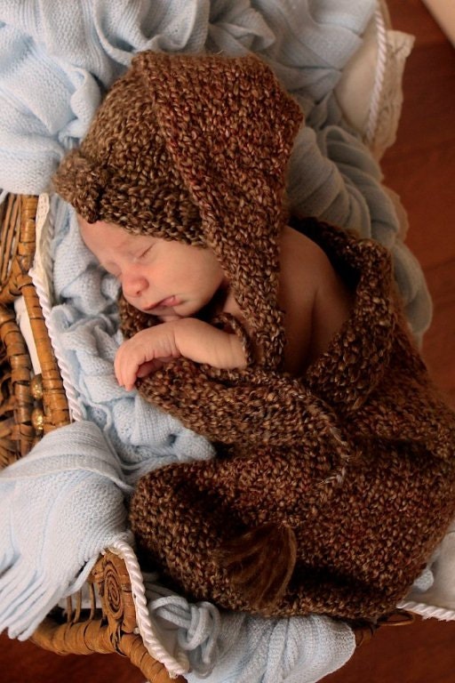 ON SALE  Baby Cocoon Pixie Hat Newborn Set Wrap Blanket Pod Knit Boy Girl Unigender Photo Prop Brown or Any Color