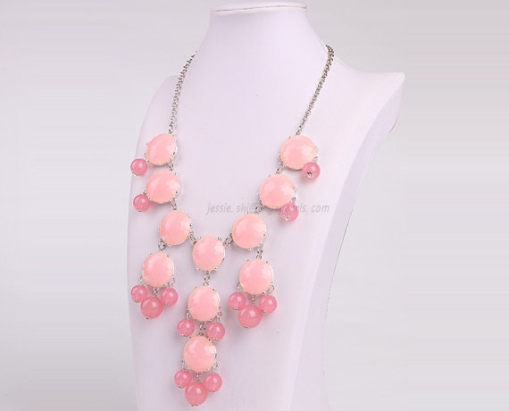 Light Pink Necklace, Pink Bubble Necklace, Silver Tone, Statement Necklace (FN0508-S-Pink)