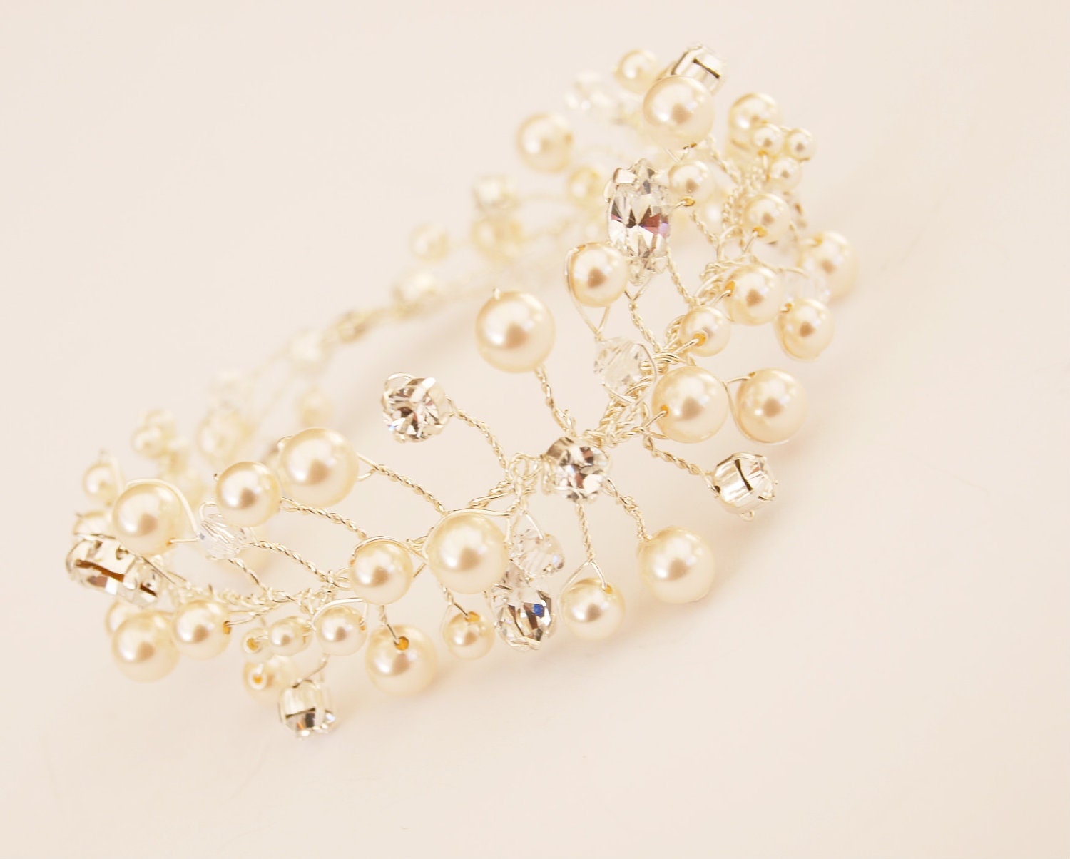 Pearl Bridal Statement Cuff Bracelet Ivory Swarovski Crystal Pearls Rhinestone Wedding Jewelry Bridesmaid Gift Maid of Honor