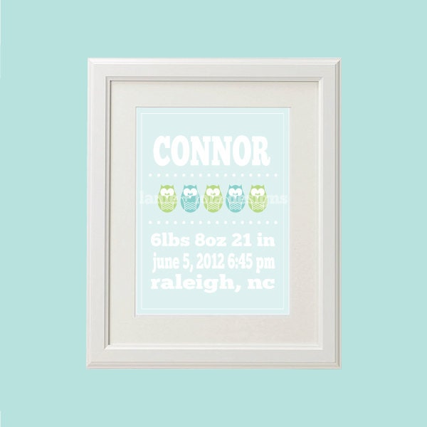 8x10 Personalized Owl, Name, and Birth Stats Print (More Colors & Sizes Available) Custom Children's Room Art