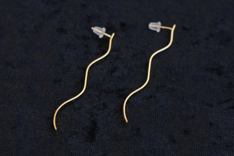 Long Gold Bar Earring, Gold Wave Post Earrings, Bar Studs. Minimal Everyday Earrings for Her- Handmade