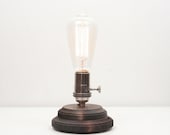 Pedestal Lamp Dark Walnut- Minimalist Table Lamp, Exposed Edison Bulb, Modern Desk Lamp