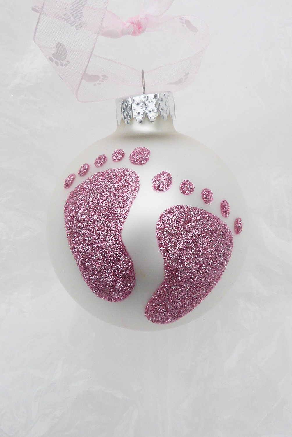 Pink Baby Feet Glitter Ornament- Personalized Baby Girl Footprint - Unique Glass Ornament