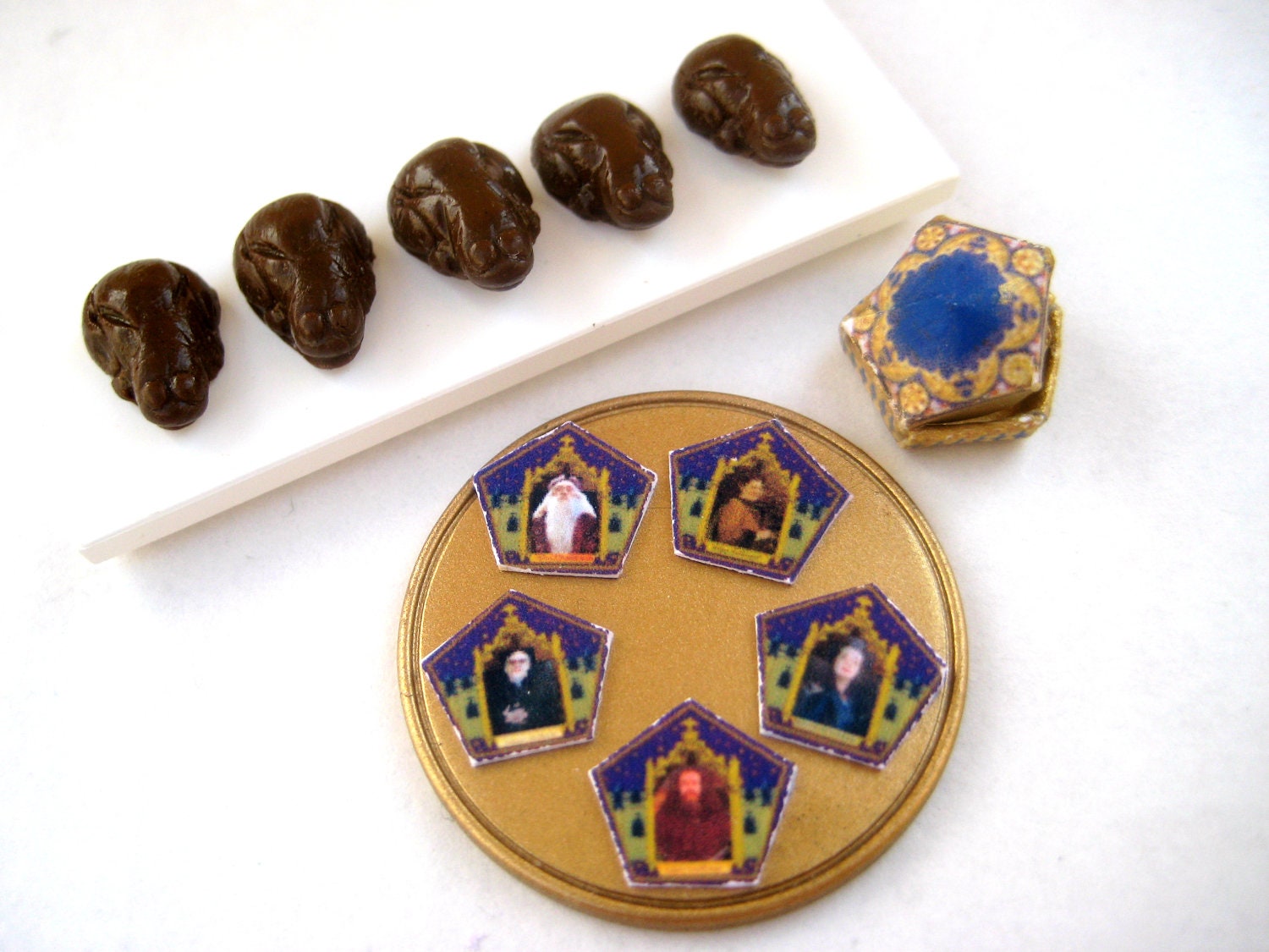 Chocolate Frog in half inch dollhouse miniature scale with free famous witch or wizard card