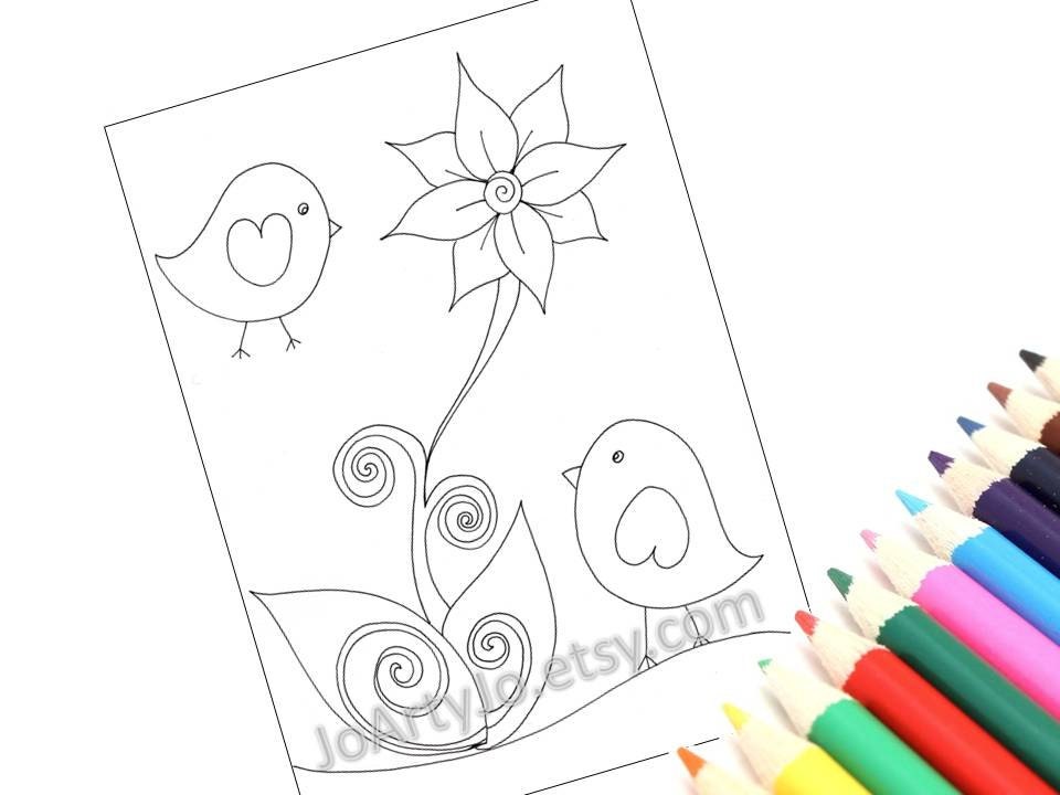 Coloring Page Printable Instant Download, Cute Birds- Page 4