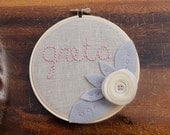 Personalized Embroidery Hoop Art. 5-inch. Cream Felt Rose with Grey Handstitched Felt Leaves on Linen. Children Decor By Catshy Crafts