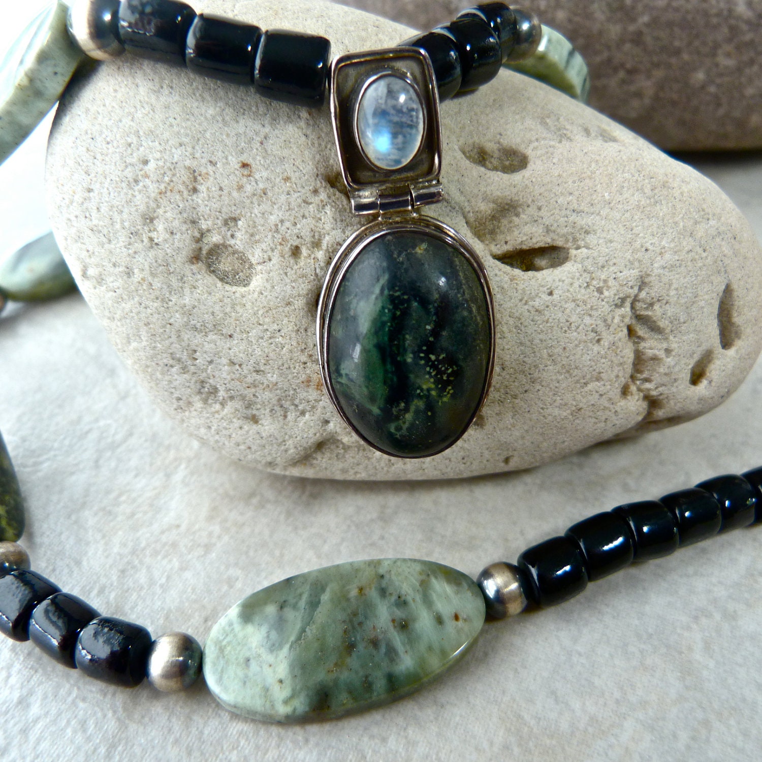 Green Jasper, Rainbow Moonstone, Burnished Silver Bead Elegant One of a Kind Necklace