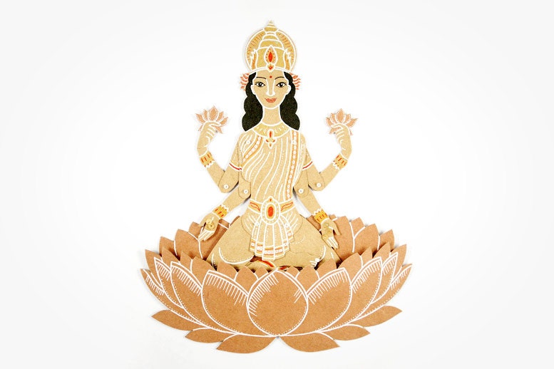 Lakshmi the Goddess of Wealth and Beauty - Articulated Paper Doll by Dubrovskaya. Kraft paper, hand painted, MADE TO ORDER.
