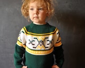 retro kids hockey sweater, green, white yellow and brown, size4-5, knit - LaDiDottie