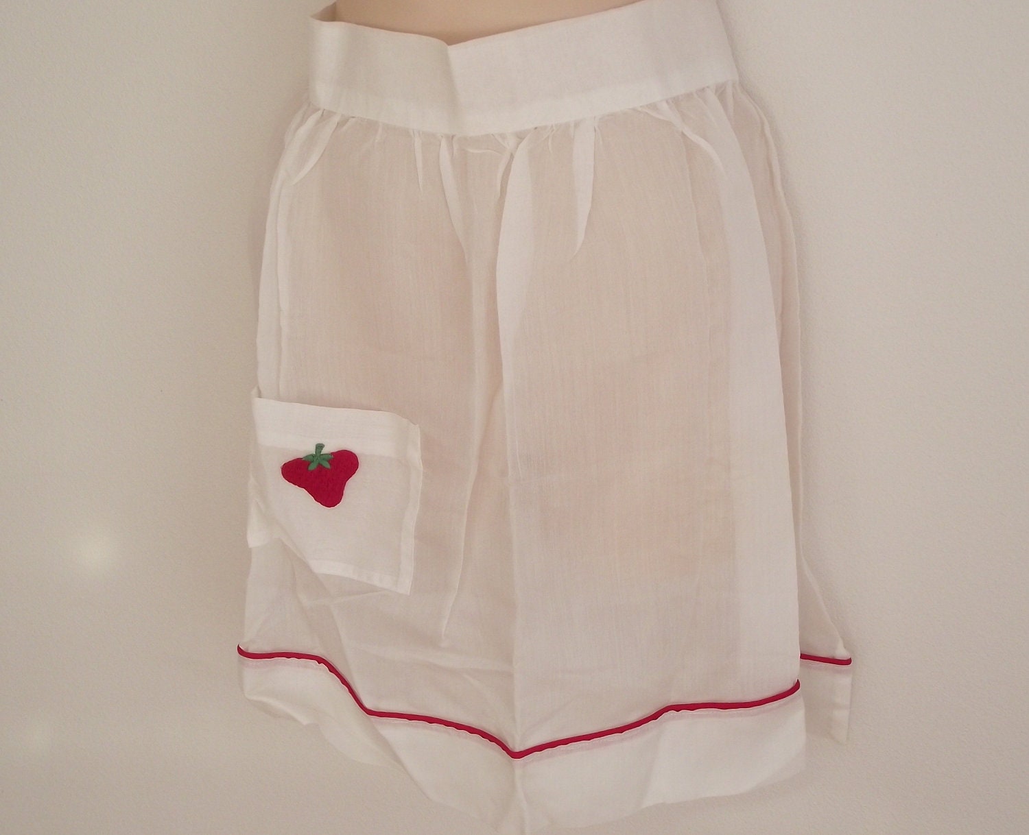 Vintage apron white  organza with strawberry pocket