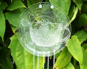 1930s Sandwich Glass Wind chime Vintage Tea cup and Saucer Crystal Suncatcher