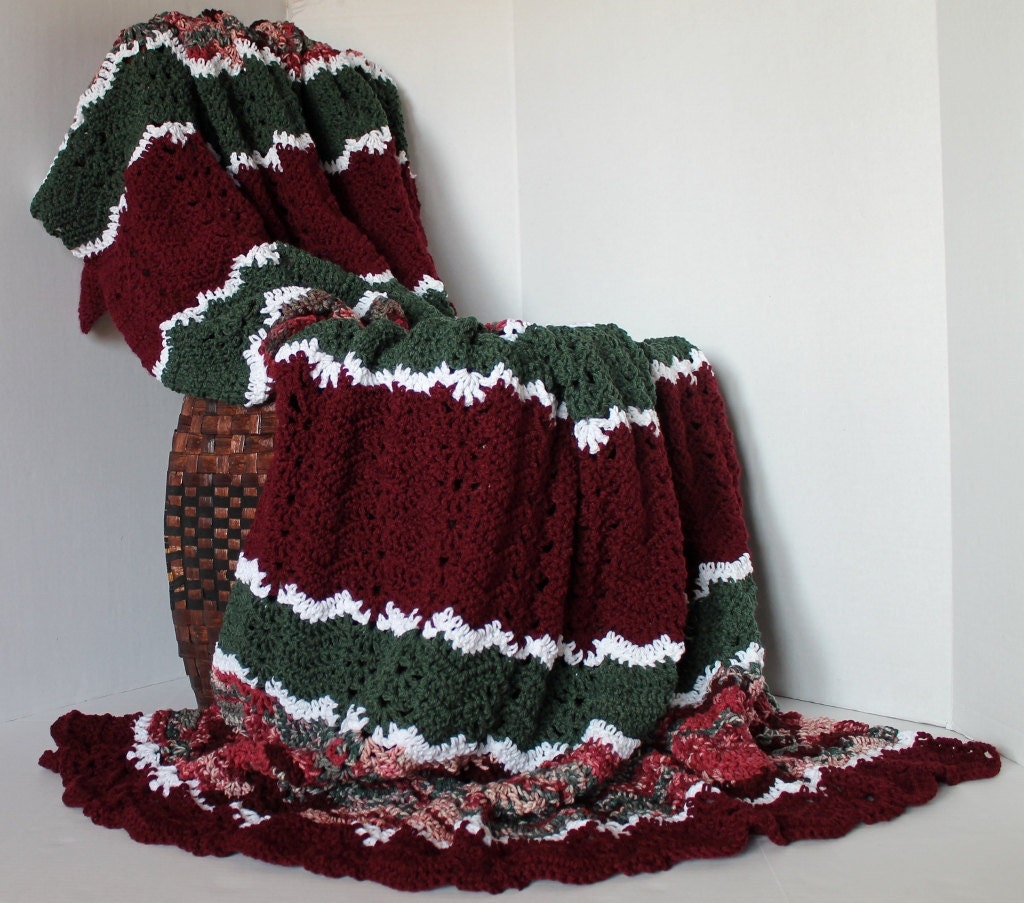 Handmade Lacy Ripple Afghan Blanket - Burgundy and Green