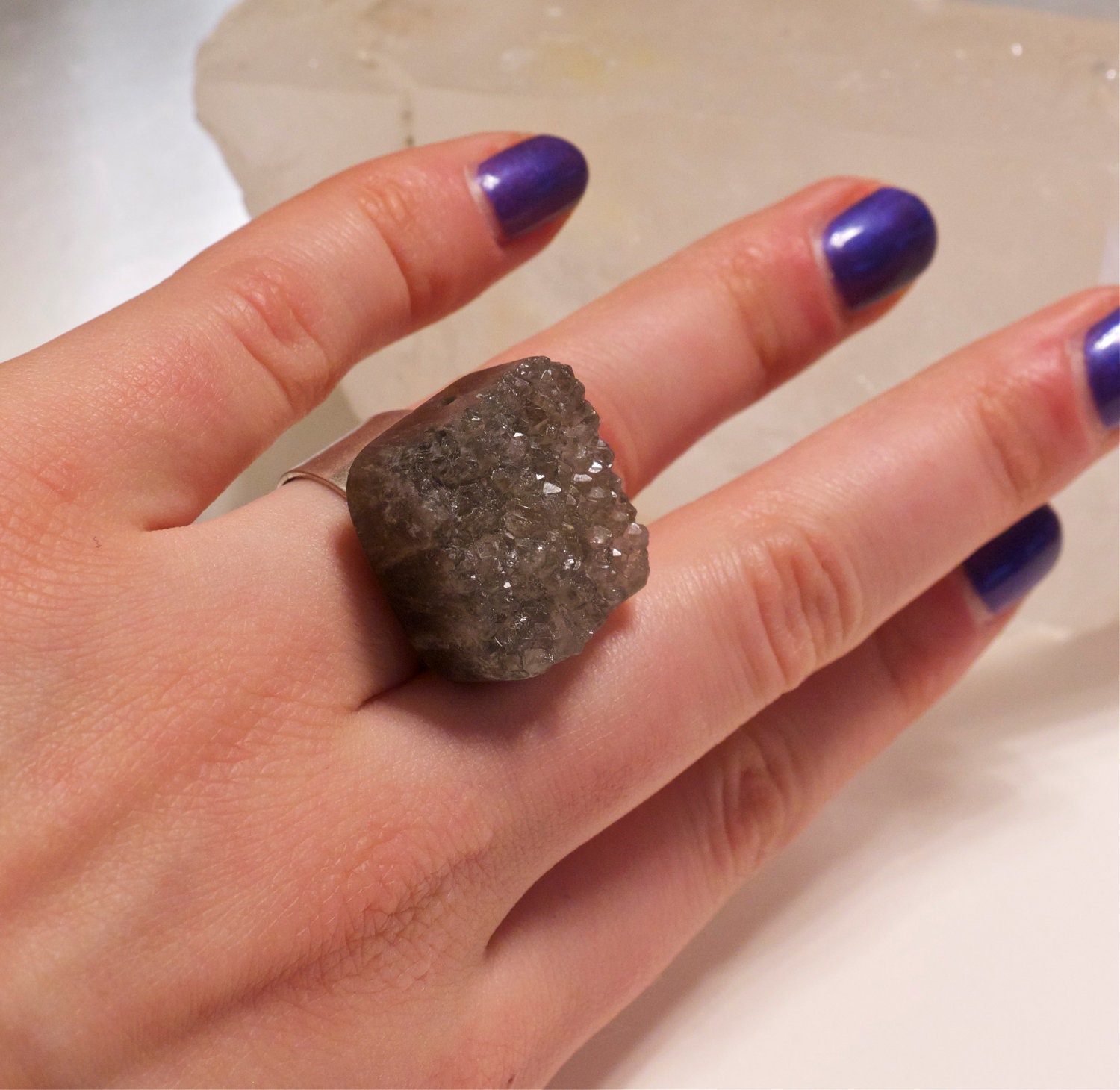 Smokey Quartz- Grey Druzy- Matte Silver -Mineral Ring