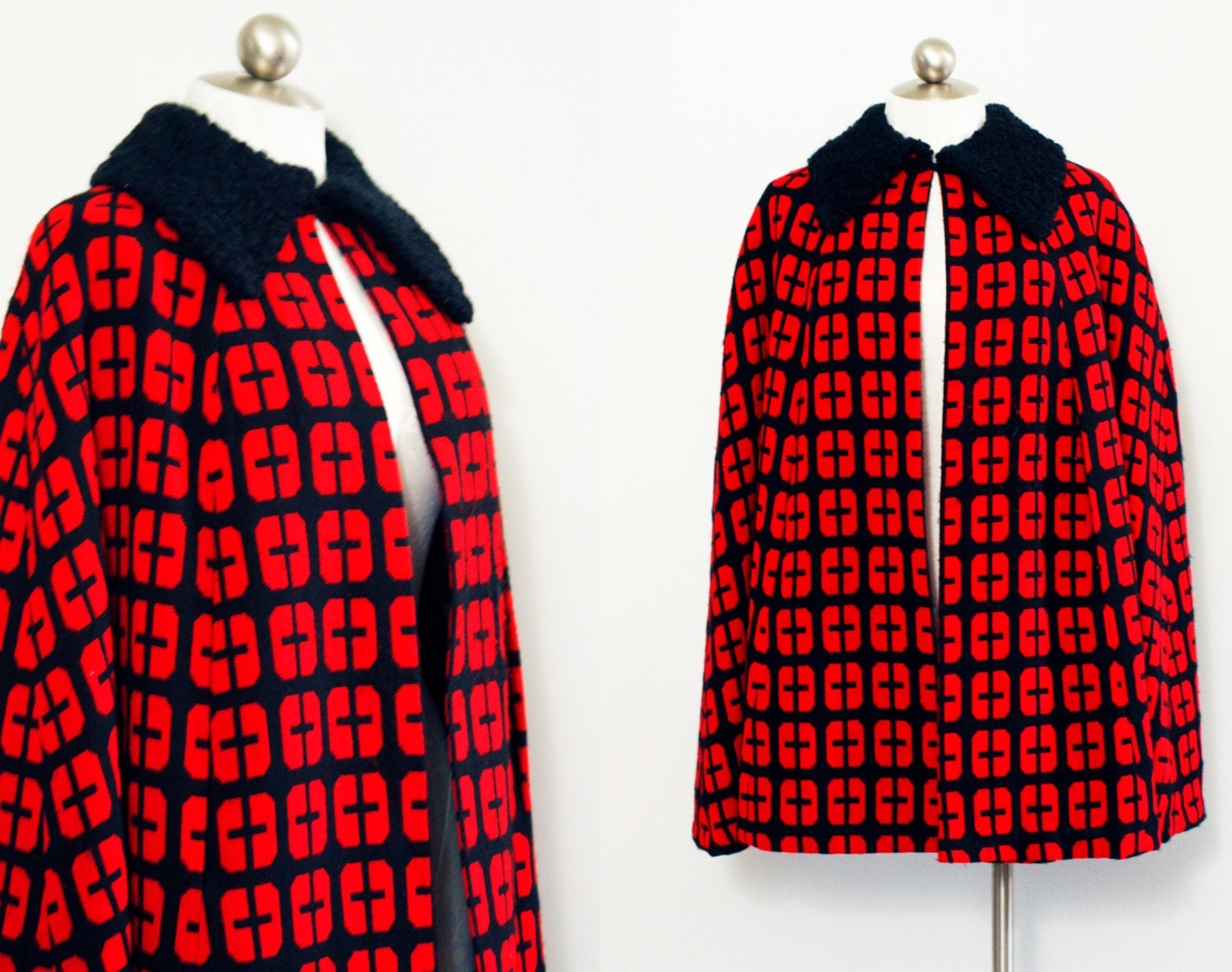 mod vintage cape in bold red and black geometric pattern // touch of punk / goth // 60s cape // 70s cape // fits most sizes - AnatomyVintage