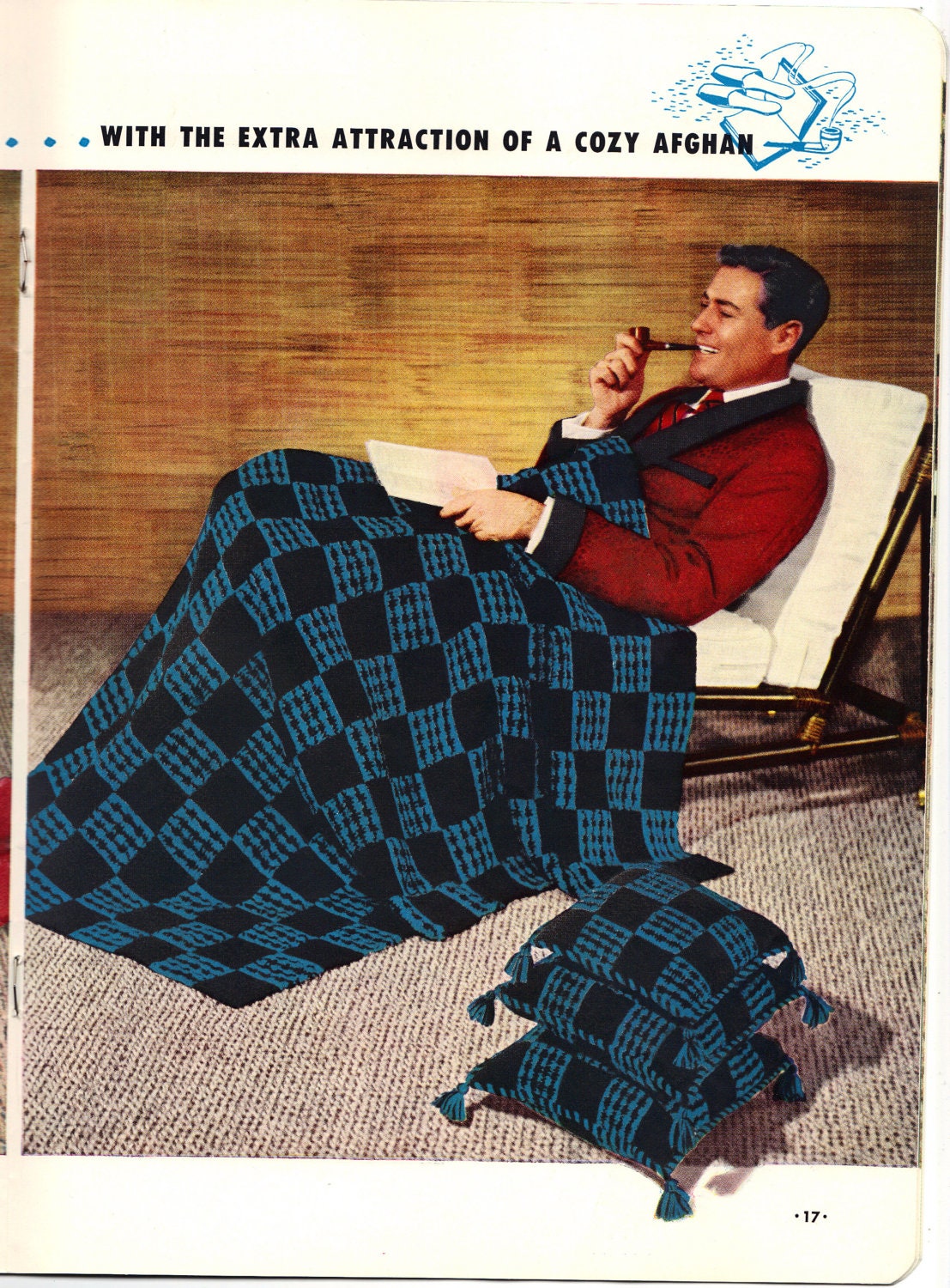 1954 Coats & Clark's Afghans and matching pillows book with mid century pics - extra patterns, too