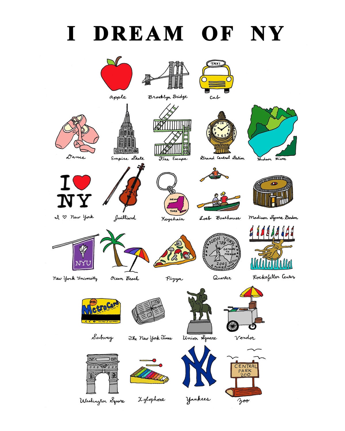 I Dream of NY (ABC's) - 8x10 Illustration Print, Digital Art