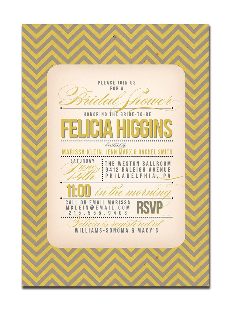Bridal Shower Invitation Vintage Modern Wedding Invitation Gray Yellow Chevron Typography Printable Digital or Printed - Felicia Style