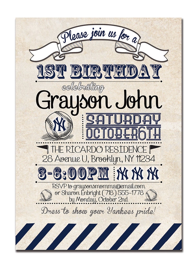 Yankees Birthday Invitation 1st Birthday Baseball Invitation Vintage Retro 18th 21st Boy Girl DIY Printable or Printed - Diana Style