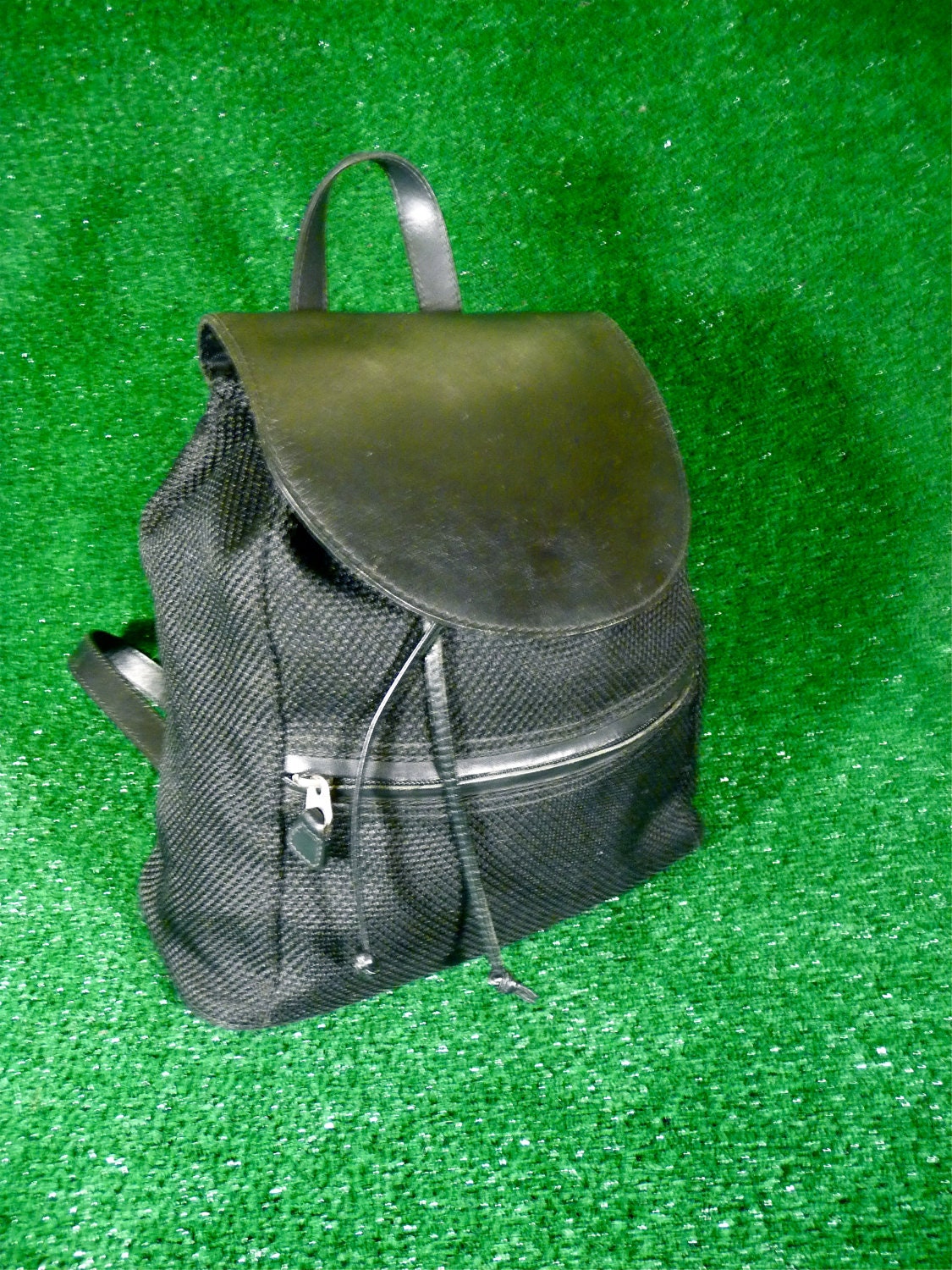 Black Mini Backpack with Knit and Faux Leather Details 90s Club Kid Clueless Grunge