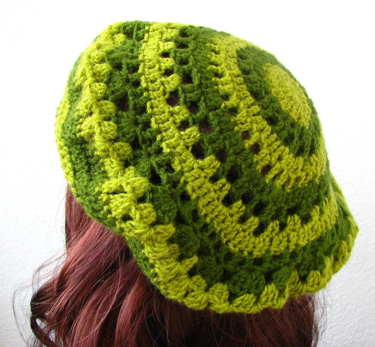 Crocheted tam, beret, green striped hat winter accessories, forest green - delectare