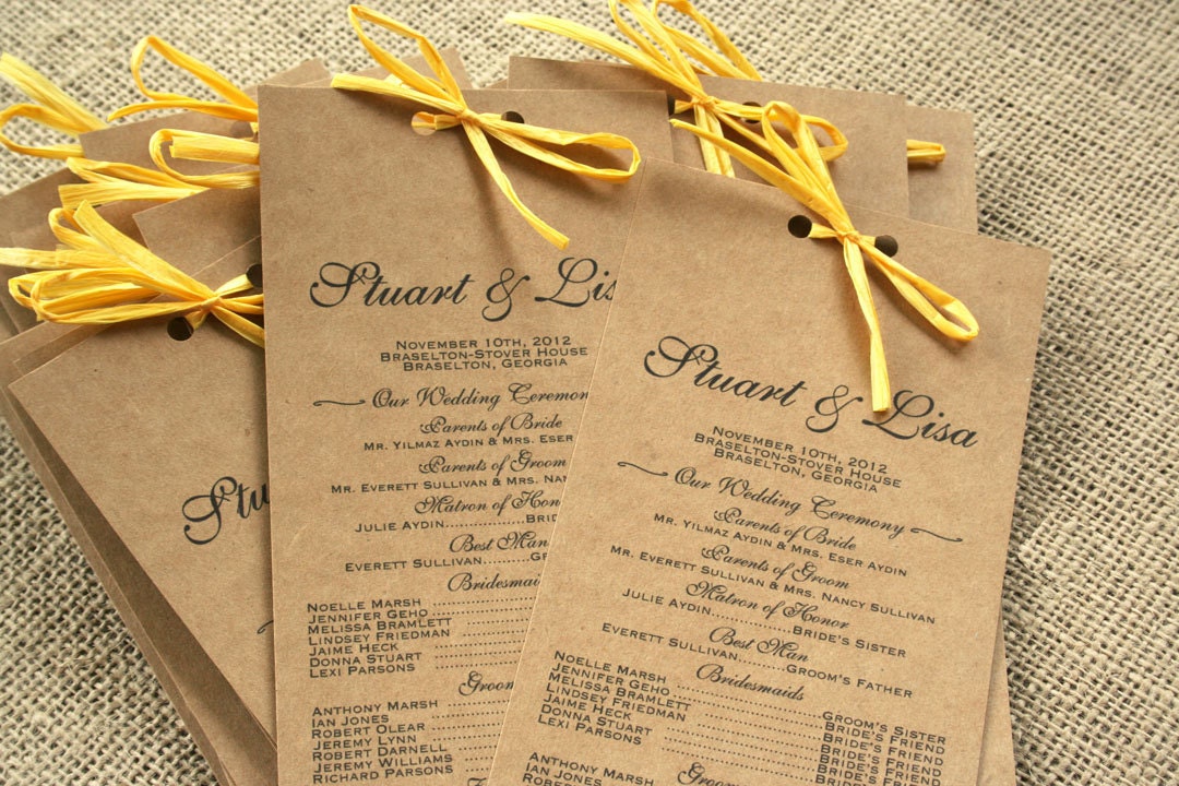 Long Rustic Wedding Program, Recycled Paper, Elegant, Modern, Vintage Inspired, Ribbon, Kraft Paper