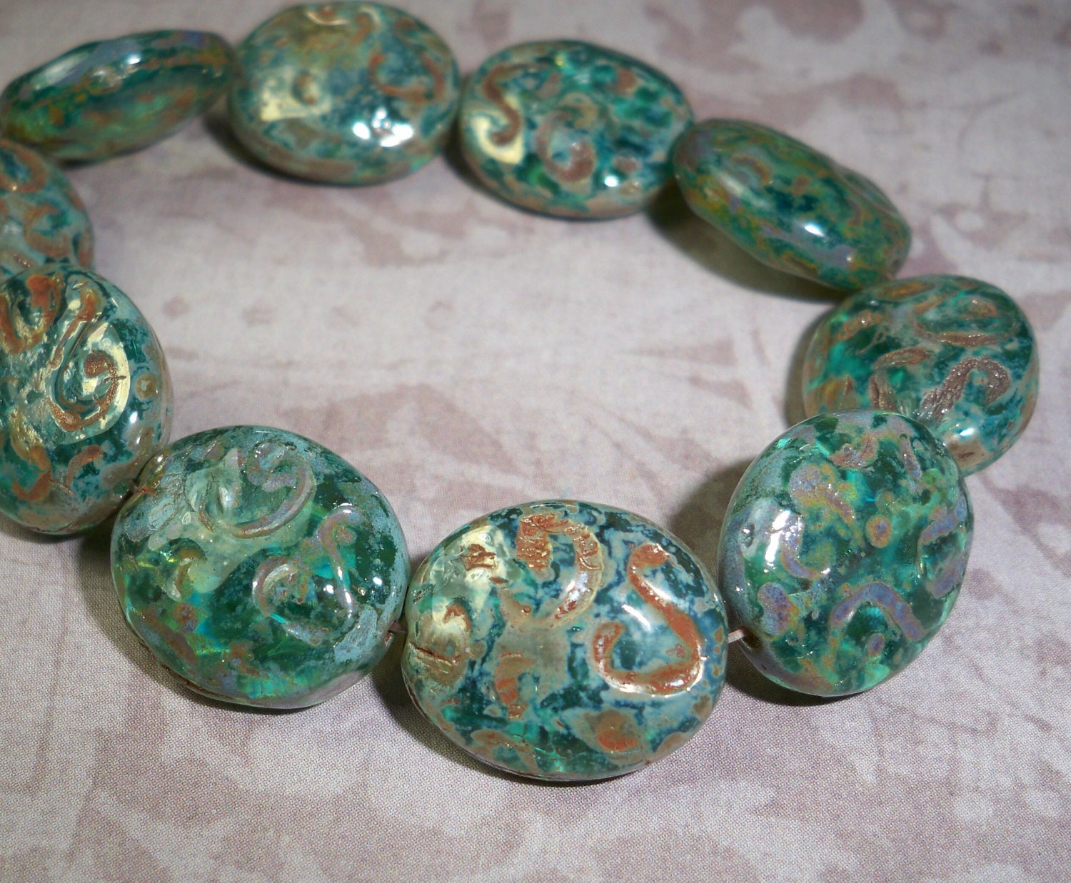 Aqua Carved Bead 17x14mm Czech Glass Oval Picasso VALENCIA (4)