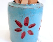 Turquoise Glazed Pottery Vase, Utensil Holder, Red Daisy Flower Design, 1970's, unknown artist
