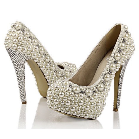 Make to order hand sewing pearl shoes super high heels Ivory