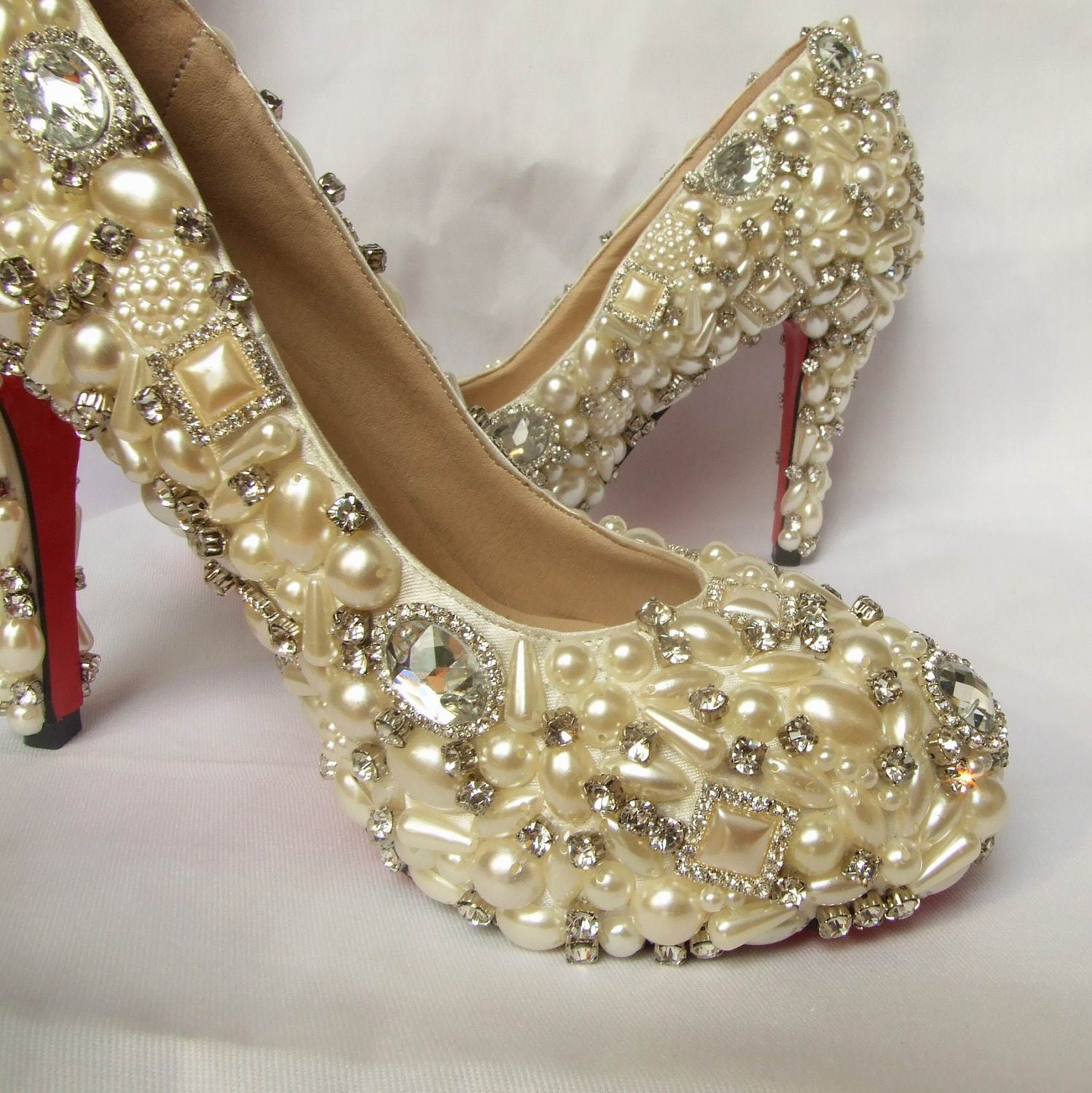 Handmade crystal and pearl shoes ivory for wedding or party