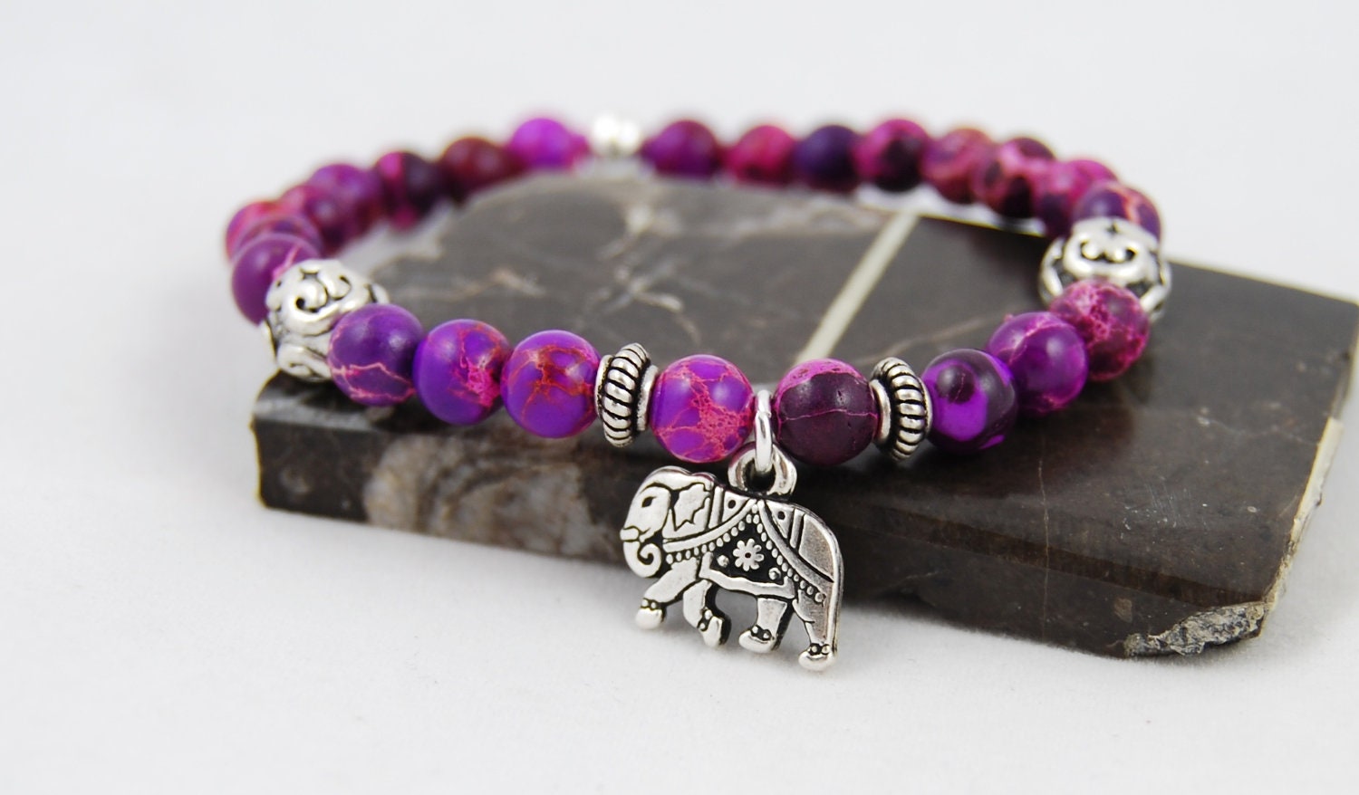 Elephant Bracelet, Gemstone Bracelet, Purple, Silver