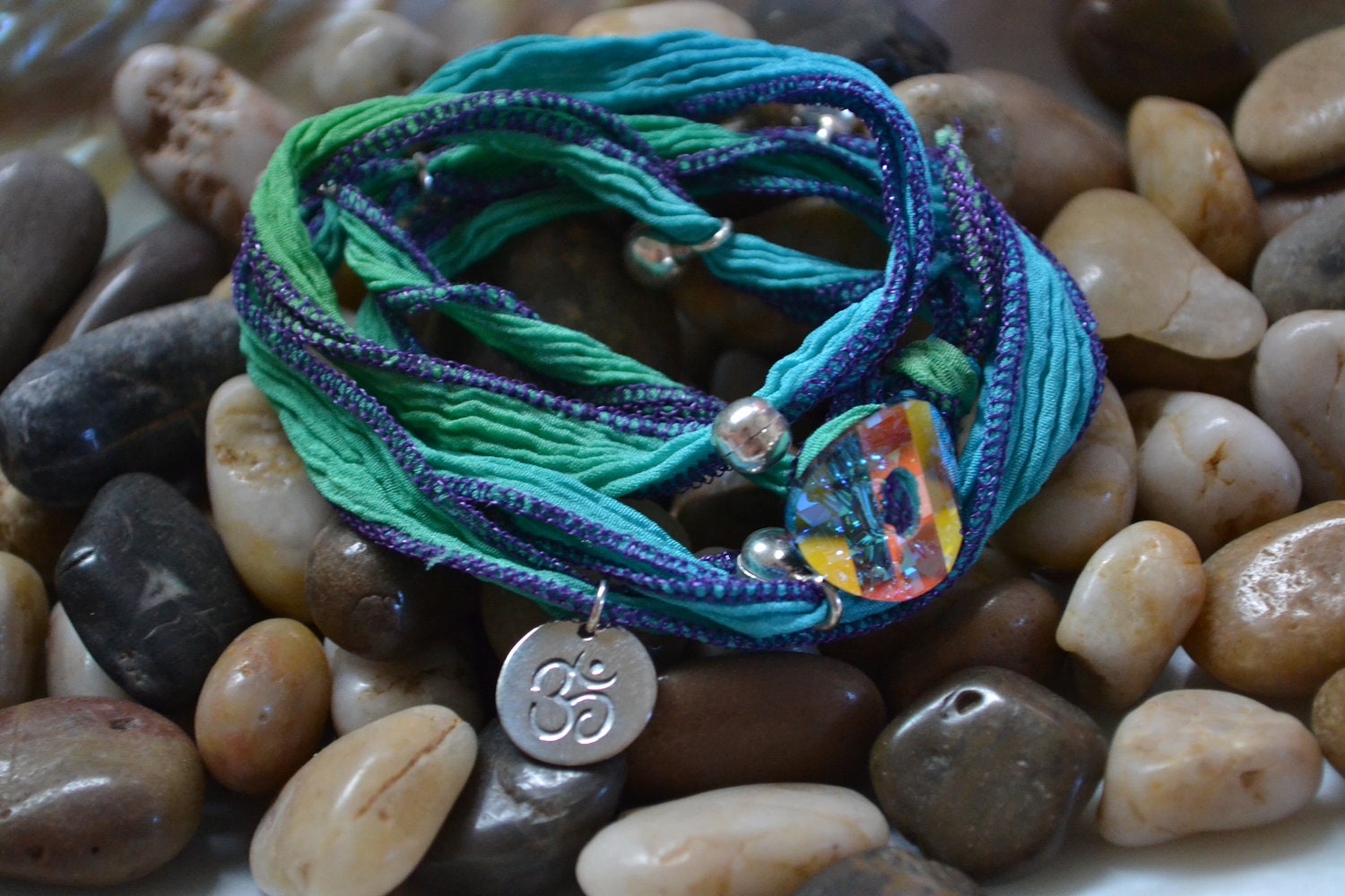 Hand Dyed Silk Yoga Bracelet with Sterling Silver Om (Mediterranean Blue)