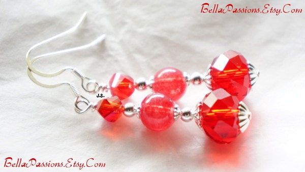 Ruby Red Glass Earrings, Red Earrings, Glass Earrings, Ruby Red, Rondelle, Crystal, Wire-Wrapped, Handmade, Silver, Christmas Gift