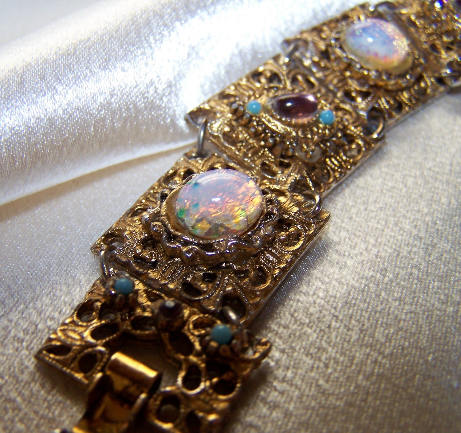 Vintage Faux Opal Bracelet With Purple and Turqoise Colored Accent Stones
