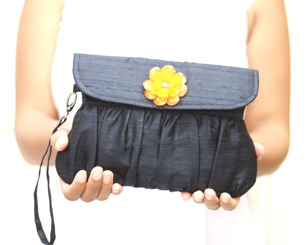 Evening Clutch, Silk Clutch Dark Blue with Orange Beaded Flower