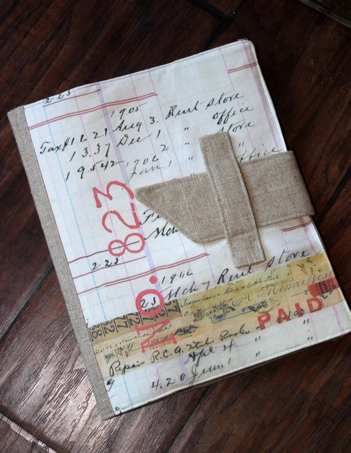 iPad cover with vintage French ledger paper  print and folding stand