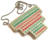 Ombre geometric hand embroidered bib necklace in pastel pinks coral and mint greens