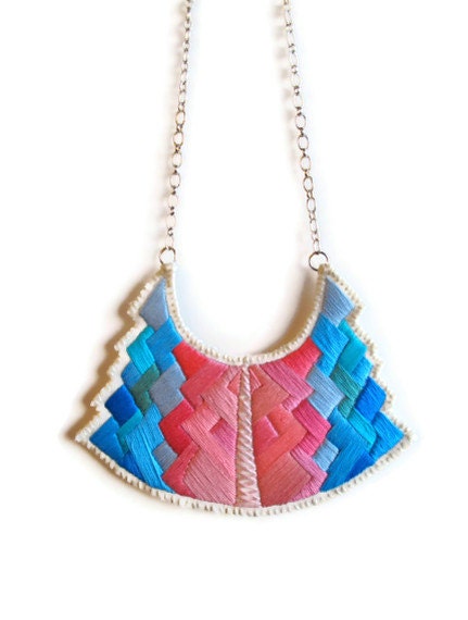 Statement bib necklace art deco geometric tribal handmade embroidered in beautiful pinks and blues modern jewelry