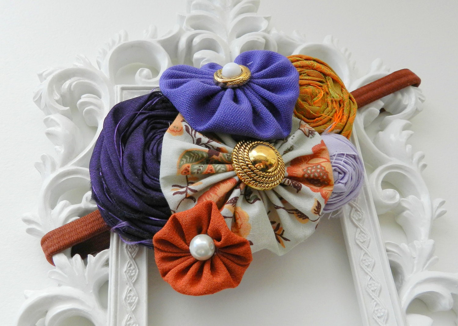 Purple Newborn Headband, Newborn Flower Headband, Photo Prop, Thanksgiving Headband, Purple and Orange Headband