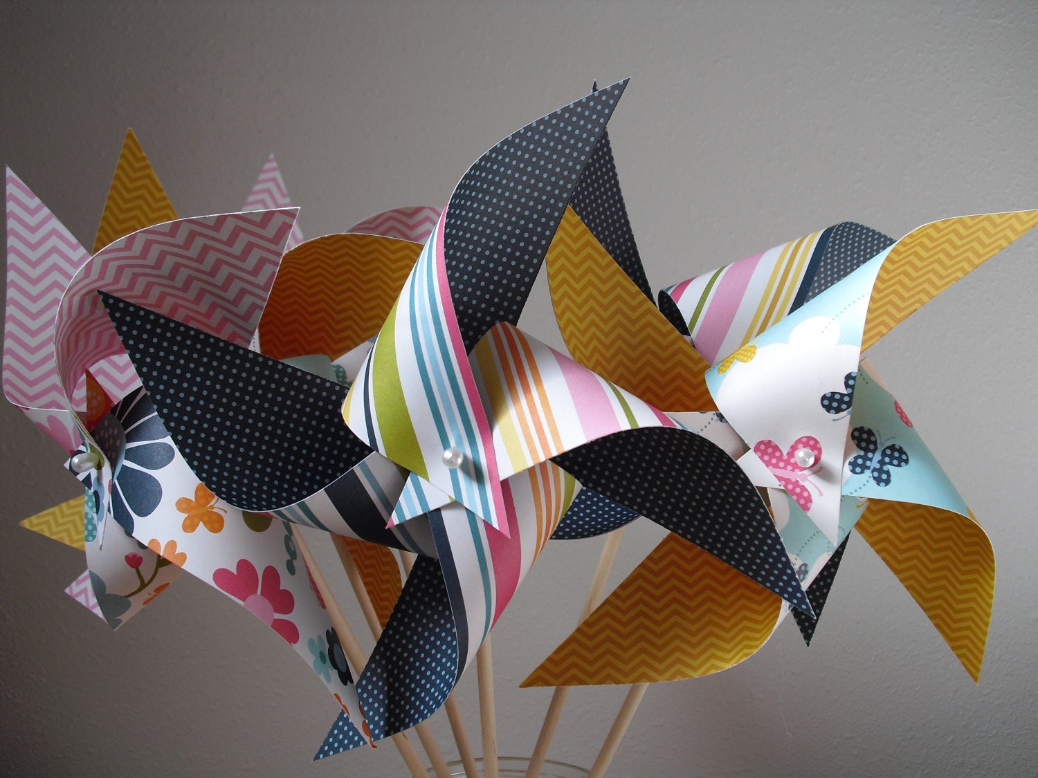 6 Large Spinning Pinwheels- Flowers, Butterflys, and Stripes in Blue, Yellow, and Red