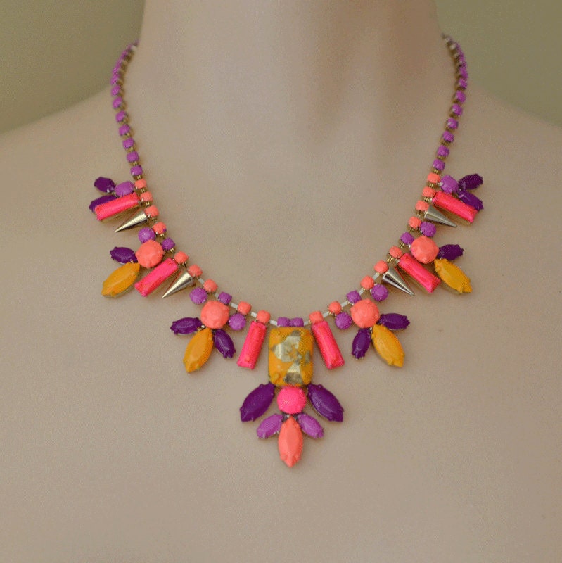 statement necklace hand painted rhinestone neon pink orange gold India