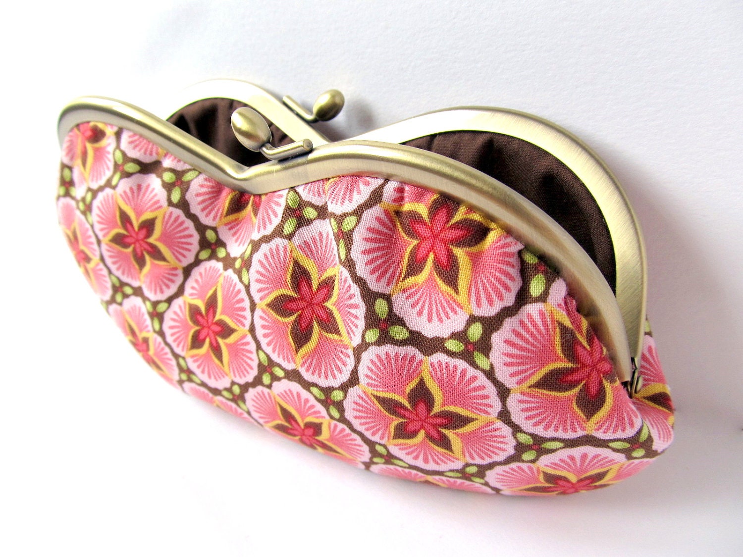 Glasses case Pink sakura cherry blossoms with chocolate brown Frame purse