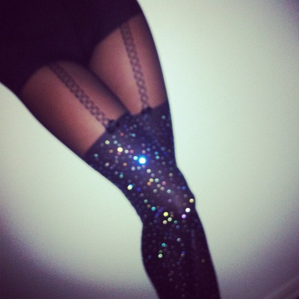 cosmic. crystalized black tights with built-in garter.